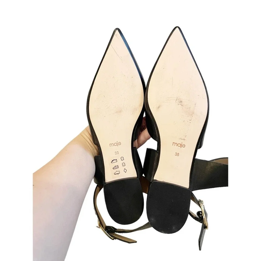 Maje Fimea Black Leather Pointed Toe Flats with Ankle Straps Size EU 38 US 8 - Picture 8 of 12